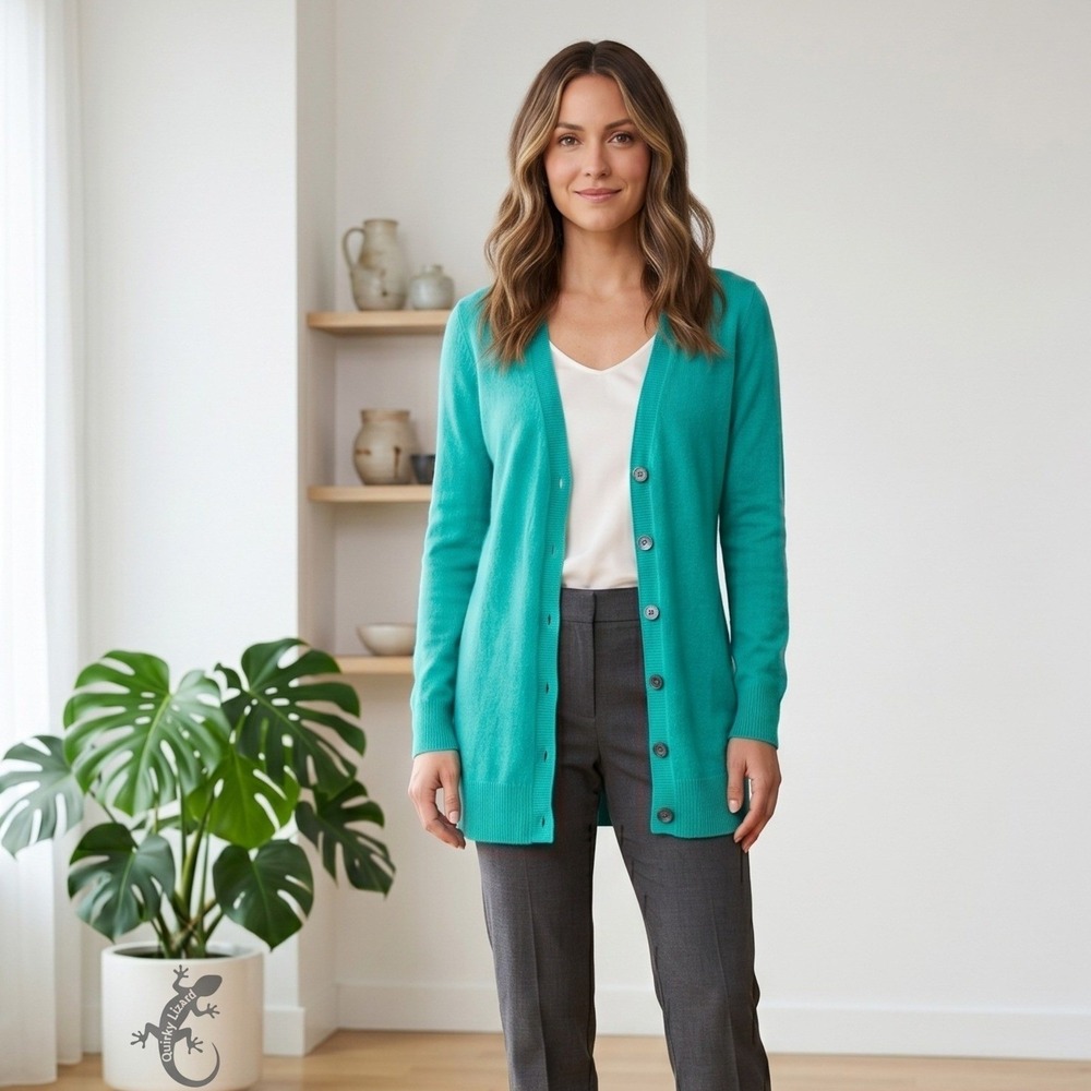 Repeat Cashmere Cardigan Womens XS Teal Green Longline V Neck Button Front Top